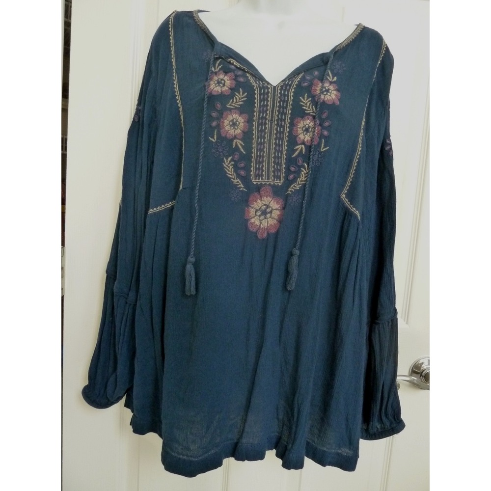SONOMA Plus Sz 1X Peasant Blouse Embroidered Tassels Gauzy Tiered Sleeves Boho